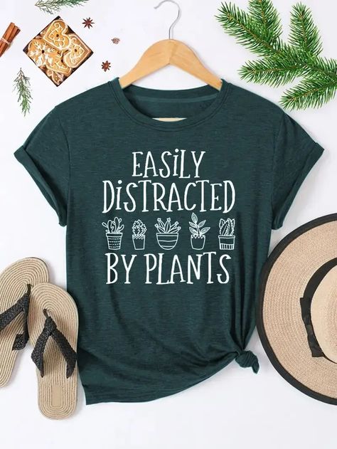 Plants Print Crew Neck T shirt Casual Short Sleeve Top - Temu Farmer Shirt, Botanical Shirt, Cow Shirt, Sugar Land, Gardening Outfit, Gardening Shirts, Easily Distracted, Country Shirts, Crew Neck Shirt