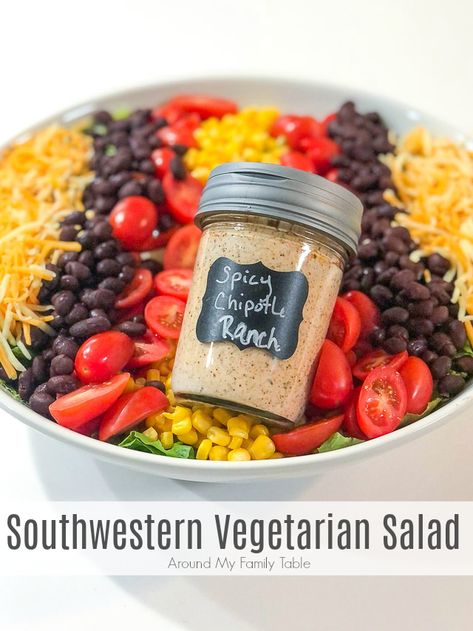 This simple Southwestern Vegetarian Salad has a ton of flavor from beans and corn, but the spicy chipotle ranch really takes it up a notch. #salad #vegetarian #southwesternsalad #blackbeans #salads Spicy Ranch Dressing, Kidney Bean Salad, Brunch Salad, Chipotle Ranch Dressing, Beans And Corn, Salt Free Seasoning, Chipotle Seasoning, Chipotle Ranch, Vegetarian Salad