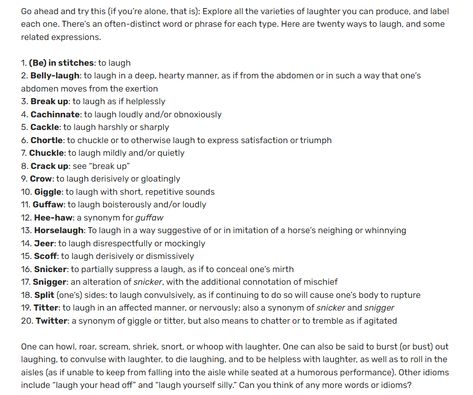 Helpful list of the various types of laughter for storytelling. #writing #storytelling #novelwriting Types Of Expressions Writing, Different Types Of Laughs Writing, Describe Laughter Writing, Body Types Writing, Describing Laughter Writing, Types Of Laughs Writing, Types Of Smiles Writing, Types Of Laughter, Types Of Voices