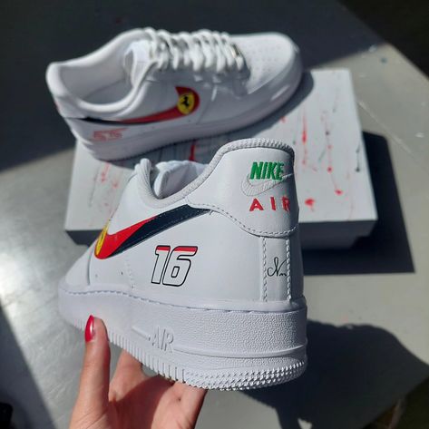 Nike Air Force 1 Custom F1, F1 Fits, Ferrari Aesthetic, Cute Converse Shoes, Nike Shoes Women Fashion, Cute Converse, Nike Air Force 1 Custom, Race Day Outfits, Custom Painted Shoes