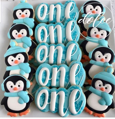 Penguin Themed Birthday Party, Baby Party Themes, Penguin Cookies, Penguin Baby Showers, Baby First Birthday Themes, First Birthday Cookies, Winter Onederland Party, Baby First Birthday Cake, First Birthday Themes