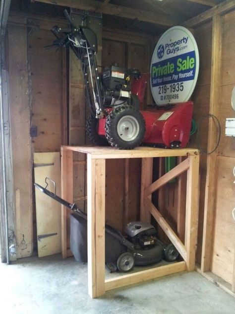 Shed Tool Storage Ideas, Snowblower Storage, Shed Tool Storage, Garage Attic Storage, Tools Garage Organization, Garage Organization Systems, How To Lay Tile, Garage Projects, Lawn Mower Storage