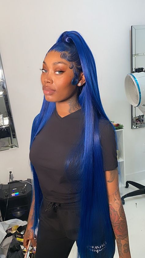 Blue Half Up Half Down Hair Black Women, Royal Blue Frontal Wig, Navy Blue Frontal Wig, Blue Half Up Half Down Wig, Dark Blue Frontal Wig, Colored Frontal Wigs Dark Skin, Dark Blue Wig Install, Dark Blue Lace Front Wig, Blue Sew In