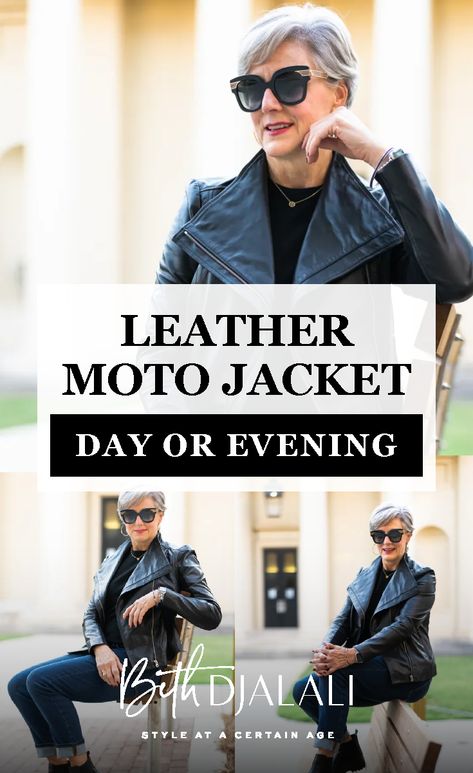 I‘ve sung the praises of the iconic motorcycle jacket for year. In this post I'm going to share just how versatile this jacket truly is as I'm styling a black leather moto jacket for day and evening. There’s never been a better time to stay modern, fresh, and most importantly, relevant. Visit Style At A Certain Age for the full look! #fallfashion #jacket #motojacket How To Style A Leather Moto Jacket, Black Moto Jacket Outfit Dressy, Petite Leather Jacket, Motto Jacket Outfit Black, Black Moto Jacket Outfit 2023, How To Style A Moto Jacket Outfit Ideas, Styling A Moto Jacket, How To Style Moto Jacket, Black Moto Jacket Outfit Fall