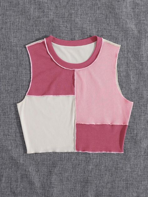 Color Block Top-stitching Tank Top | SHEIN USA Cheap Summer Color Block Crop Top, Cheap Color Block Fitted Crop Top, Fitted Patchwork Tank Top For Summer, Tank Top Sewing Pattern Free, Tank Top Upcycle, Fashion Shuffles, Color Block Tank Top, Colorblock Tank Top, Sewing Tank Top