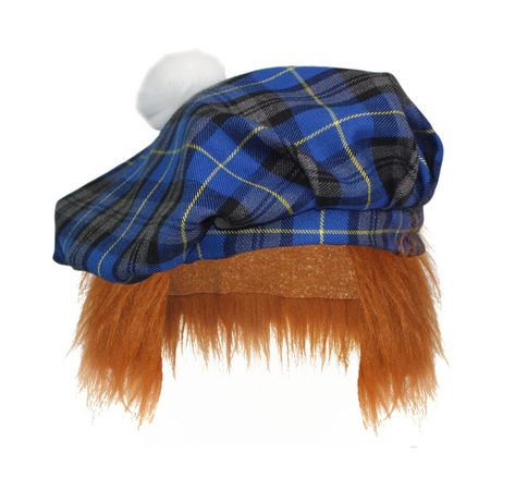 Blue Hunting Tartan Tam 'O' Shanter With Hair Scottish Highland Fancy Dress Traditional Scottish Dress, St Andrews Day, Scottish Hat, Scottish Dress, Tam O' Shanter, Dragons Den, Burns Night, Novelty Hats, Blue Tartan