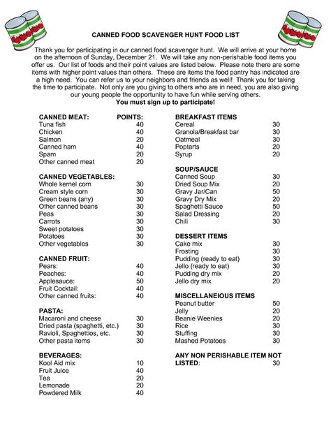 Food Drive Donation Box Ideas, Food Pantry Donations Ideas, Food Scavenger Hunt, Service Scavenger Hunt, Fundraising Donation Request Letter, Food Pantry Donations, Food Bank Donations, Canned Food Drive, Community Service Ideas