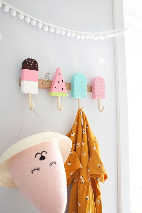 Ice Cream Bedroom, Ice Cream Nursery, Wall Hangers For Clothes, Wooden Ice Cream, Entryway Hooks, Ice Cream Decorations, Cream Room, Cute Wall Decor, Ice Cream Theme