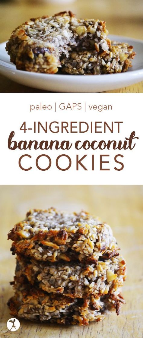 Easy and delicious, these paleo and vegan Banana Coconut Cookies are a hit whenever they're made! #glutenfree #paleo #gapsdiet #vegan #cookies #dairyfree #eggfree #coconut #banana Paleo Coconut Recipes, Aip Banana Cookies, Whole 30 Ripe Banana Recipes, Paleo Coconut Desserts, Banana Paleo Recipes, Whole30 Banana Recipes, Whole 30 Banana Dessert, Banana Coconut Recipes, Banana And Coconut Recipes