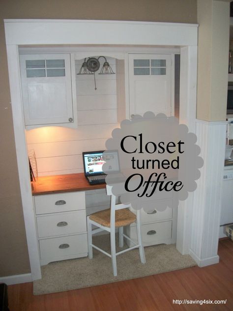 Closet Office Reveal | Saving 4 Six Closet Turned Office, Closet Desk, Home Office Closet, Closet Office, Office Guest Room, Craft Room Office, Home Office Space, A Desk, Closet Bedroom