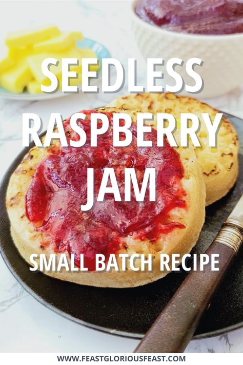 This simple step-by-step recipe for Seedless Raspberry Jam is both delicious and deliciously easy to make. With just 3 ingredients and no specialist sugar or pectin required, this is a great way to use fresh or frozen raspberries to make a lovely smooth jam with no bits. #FeastGloriousFeast Frozen Raspberry Jam Recipe, Seedless Raspberry Jam Recipe, Raspberry Jam No Pectin, Raspberry Jelly Recipe, Rasberry Jam, Seedless Raspberry Jam, Raspberry Freezer Jam, Easy Jam Recipe, Raspberry Jam Recipe