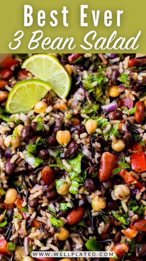 Three bean salad with a fresh Tex-Mex spin! Wild rice, jalapeño, and a zippy honey-lime dressing give it bright flavor. Perfect for a crowd! Three Bean Salad Recipe, Wild Rice Salad Recipe, 3 Bean Salad, Rice Dishes Recipes, Bean Salad Recipe, Wild Rice Salad, Three Bean Salad, Bean Salad Recipes, Rice Salad