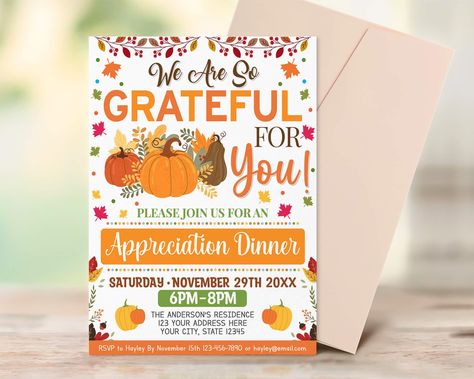 Appreciation Dinner Invitation, Friendsgiving Invite, Thanksgiving Favors, Dinner Invitation Template, Autumn Invitations, Festival Flyer, Thanksgiving Invitation, Paperless Post, Event Program