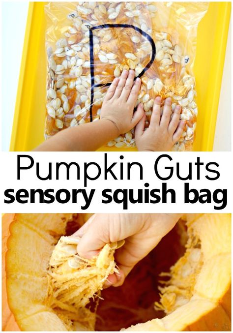 Pumpkin Guts Sensory Squish Bag-Mess-free sensory play for toddlers and preschoolers #fall #halloween #kids Pumpkin Guts Sensory, P Is For Pumpkin, Pumpkin Sensory, Sensory Play For Toddlers, Pumpkin Lessons, Pumpkins Preschool, Fall Activities For Toddlers, Pumpkin Guts, Sensory Play Toddlers