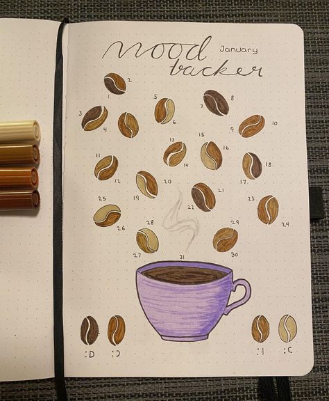 Awaken your senses with the aroma of coffee as you indulge in 20 delightful mood-tracker layouts for January, inspired by the rich and comforting hues of this beloved beverage. Let your emotions percolate through each day, creating a visually stimulating and caffeinated journey of self-reflection. Read this page to learn more! Coffee Mood Tracker, Coffee Bujo, Bullet Journal Mood Tracker, Bullet Journal September, Coffee Mood, Organizator Grafic, January Bullet Journal, Bullet Journal Ideas Templates, Creating A Bullet Journal