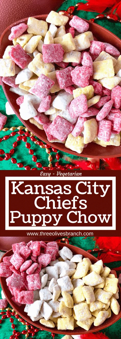 Root for your favorite NFL team with this Kansas City Chiefs Puppy Chow! Rice chex mix is covered with red, yellow, and white candy melts and powdered sugar for a game time dessert and appetizer recipe. Great for football parties and the Super Bowl. #gameday #kansascitychiefs Super Bowl Party Food Desserts 49ers, Red And Gold Appetizers, Super Bowl Party Decorations 49ers, Chiefs Puppy Chow, 49ers Super Bowl Party, Super Bowl Party Food Gluten Free, Superbowl Party Drinks, 49ers Food, 49ers Snacks