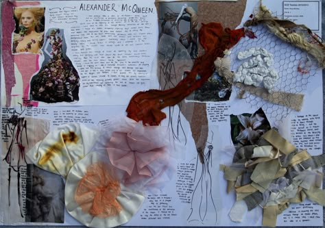 https://flic.kr/p/jsCbBH | McQueen Research | A Level Flower project. Designer research – Alexander McQueen. Primary research at Savage Beauty exhibition in New York. Further development of dress designs inspired by McQueen. Fashion Sketchbook Layout, Fashion Sketchbook Inspiration, Sketchbook Layout, Textiles Sketchbook, A Level Textiles, Fashion Design Books, Gcse Art Sketchbook, A Level Art Sketchbook, Buch Design