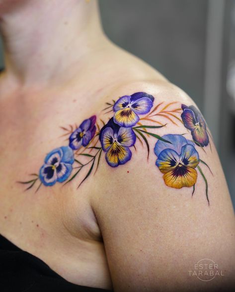 ESTER TARABAL ✦ Tattoo Artist | Pansies for Trine ✨ Done at @dropout_collective using @kurosumitattooink Imperial and @nexus_cartridges, protected with @dermalizepro -… | Instagram Pansy Flowers Tattoo, Pansie Tattoo, Budgie Tattoo, Pansy Flower Tattoo, Geranium Tattoo, Pansy Tattoo, Violet Flower Tattoos, Botanical Tattoos, Red Tattoo Ideas