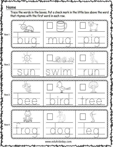 none Kindergarten Name Worksheets, Rhyme Words Kindergarten, Rhyming Worksheets Preschool, Writing Activity For Kindergarten, Kindergarten Assessment Free Printable, Kindergarden Worksheet Printable, Words Kindergarten, Kindergarten Rhyming, Spring Math Kindergarten