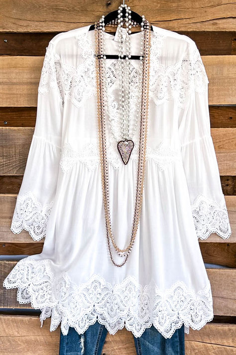 White Lace Top Size Small to 3X - Available in Plus Size. Boho Style Dreamy Top, plus size clothing. The Most Beautiful Top - Angel Heart Boutique - Located in Edmond OK Pink Cowboy Boots, Feminine Top, Plus Size Boutique, Pretty Blouses, White Lace Top, Clothing Size Chart, White Outfits, White Blouse, Cool Fabric