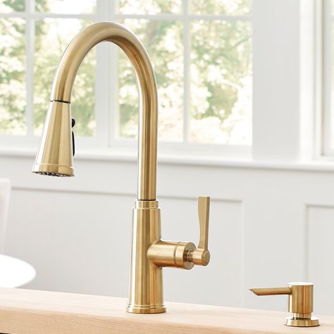 Gold Brass Kitchen Faucet, Silver Faucet Gold Hardware, Kitchen Sink Fixtures, Gold Hardware Kitchen, Gold Faucet Kitchen, Kitchen Faucet Ideas, Silver Faucet, Lakehouse Kitchen, Kitchen Faucet Design