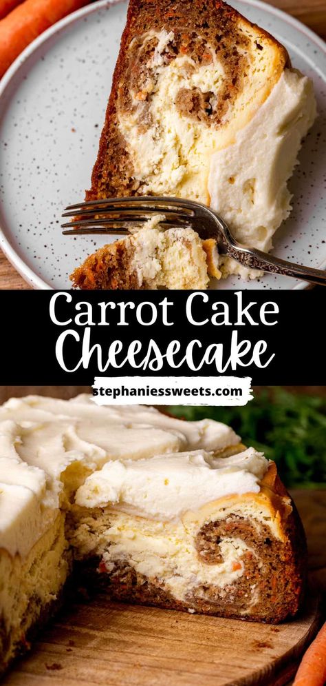 This carrot cake cheesecake is a combination of carrot cake and a cheesecake! It has swirls of carrot cake and cheesecake. It is topped with cream cheese frosting. This is the best of both desserts! Cake And Cheesecake, Carrot Cake Dessert, Carrot Cake Cheesecake Recipe, Carrot Cheesecake, Easter Carrot Cake, Carrot Cake Bars, Carrot Cake Cheesecake, Easy Carrot Cake, Cake Cheesecake