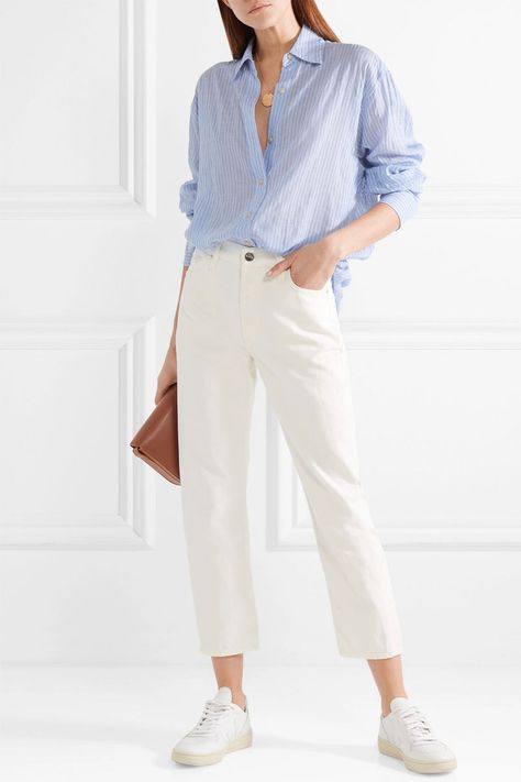 Outfit Formula Toffee and Light Blue - YLF Light Blue Shirts Women, Light Blue Shirt Outfit, Linen Shirt Outfit Women, Blue Tshirt Outfit, Blue Striped Shirt Outfit, Linen Shirt Outfit, Outfits With Striped Shirts, Blue And White Outfits, Blue Shirt Women