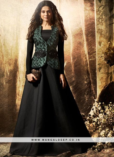 Charming Black Color Festive Wear Fancy Anarkali Salwar Suit #salwarkameez #anarkali Casual Gowns, Gown With Jacket, Gaun Fashion, Indian Party Wear, Designer Anarkali, Indian Gowns Dresses, Indian Gowns, Designer Party Wear Dresses, Jennifer Winget