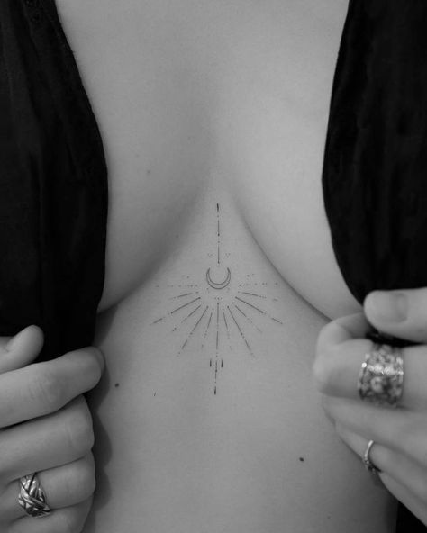 Fine line ornamental sun and moon tattoo located on the Underboob Tattoo Designs, Boho Tattoos, Underboob Tattoo, Muster Tattoos, Petite Tattoos, Sun Tattoos, Beautiful Tattoo, Sternum Tattoo, Discreet Tattoos