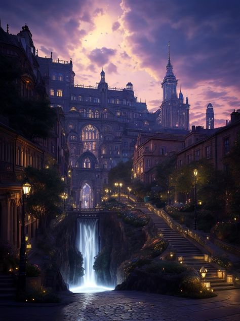 Shadow Kingdom, Night Fantasy Aesthetic, Witch Town Aesthetic, Fantasy Astethic, Night Castle, Dark Fantasy City, Witch City, Fantasy Setting Inspiration, Fantasy Places City