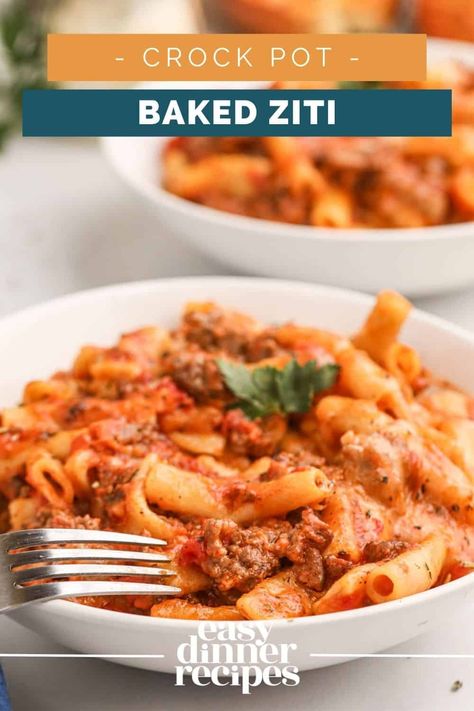 Crock Pot Baked Ziti Crockpot Baked Ziti Ground Beef, Baked Ziti Crockpot, Crock Pot Ziti, Crock Pot Baked Ziti, Slow Cooker Baked Ziti, Tube Pasta, Baked Ziti With Sausage, Creamy Pasta Bake, Easy Baked Ziti