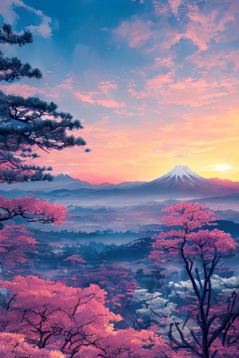 From a hilltop, a breathtaking view unfolds over a valley filled with forests, with a snowy mountain on the horizon, creating a serene and captivating scene in a digital artwork. Foliage Painting, Abstract Pencil Drawings, Valley Of Flowers, Fantasy Background, Snowy Mountain, Pretty Backgrounds, Fantasy Castle, Japanese Flowers, Snowy Mountains