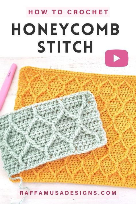 two crochet swatches were made using the crochet textured honeycomb stitch pattern Crochet Honeycomb, Aesthetic Crochet Blanket, Crochet Blanket Stitch, Foundation Half Double Crochet, Textured Blankets, Honeycomb Stitch, Crochet Bottoms, Basketweave Stitch, Crochet Bee