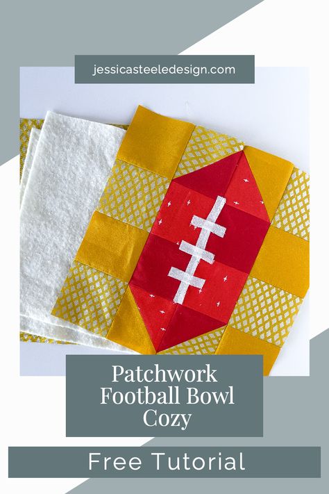 Are you ready for some football?! 🏈 This FREE tutorial is perfect for the football season! Learn how to create a bowl cozy with a patchwork football design to perfectly pair with your team colors as you watch the big game. This project is perfect for using up those scraps too! 🏈 Super Bowl Chili, Superbowl Chili, Football Quilt, Bowl Cozy, The Eagles, Background Fabric, Half Square Triangles, Football Design, A Football