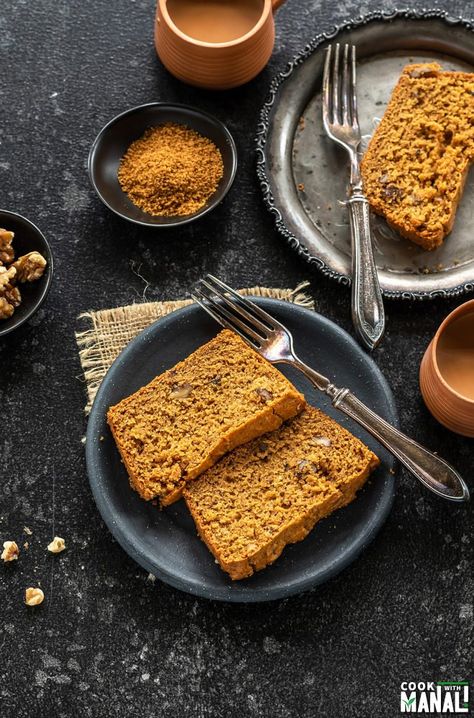 Made with basic pantry staples, this Whole Wheat Jaggery Cake is eggless and free of refined sugar. It is lightly sweetened and makes a great snack! #eggfree Jaggery Cake, Walnut Uses, Cardamom Powder, Plain Yogurt, Pantry Staples, Love Cake, Sweet Cakes, Whole Wheat, Refined Sugar