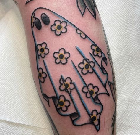 American Traditional Ghost, Trad Ghost Tattoo, American Traditional Ghost Tattoo, Traditional Style Ghost Tattoo, Ghost American Traditional Tattoo, Traditional Ghost Tattoo, Scary American Traditional Tattoo, American Traditional Tattoos Goth, Ghost Tattoo