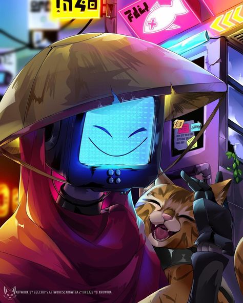 By geechiis_artworks Stray Video Game Fanart, Stray Game Robots, Stray Cat Game Wallpaper, Stray Game Fanart, Stray Video Game, Stray Fanart, Stray Cat Game, Stray Art, Stray Game