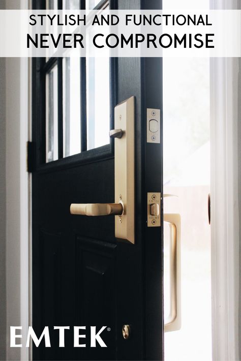 Update your hardware to create the home that best reflects you with high quality products from EMTEK Unlacquered Brass Hardware, Exterior Door Hardware, Black Front Door, Front Door Hardware, Black Front Doors, Front Door Handles, Entry Way Design, Casa Exterior, Urban Modern