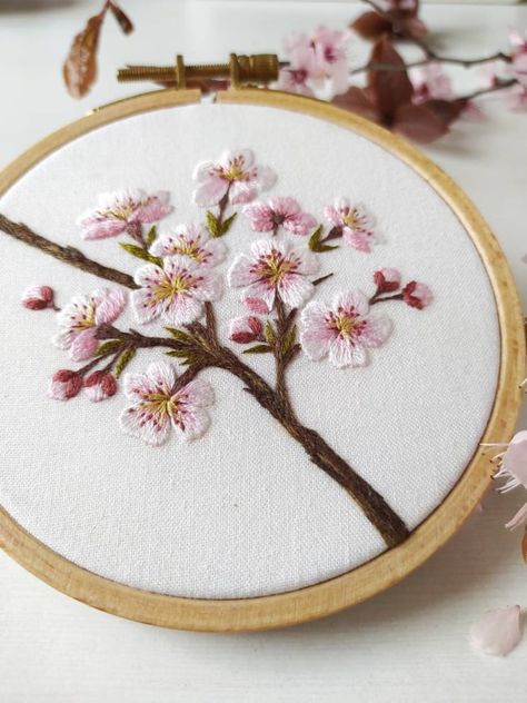 Cherry Blossom Embroidery Pattern, Botanical Embroidery Pattern, Cherry Blossom Embroidery, Embroidery Pattern Floral, Tutorial Embroidery, Blossom Embroidery, Embroider Ideas, Botanical Embroidery, Abstract Embroidery