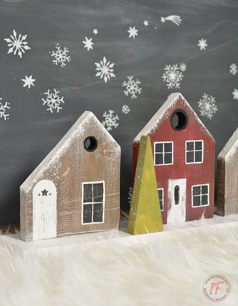 Diy Xmas Village Display, Decorative Wooden Houses, Diy Wood Village Houses, Diy Wooden Village, Wood Christmas Village Diy, Diy Winter Village, Scrap Wood Houses, Christmas Houses Village Display, Christmas Houses Diy