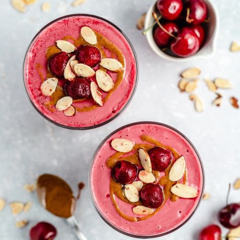 Delicious cherry smoothie recipe made with tart cherries, banana, creamy almond butter and a hint of almond extract. Add your favorite mix-ins, a boost of protein and a handful of spinach to this vegan cherry smoothie for a wonderful and refreshing breakfast or snack. #smoothie #cherries #vegan #breakfast #snack #dairyfree Cherry Almond Smoothie, Erewhon Smoothie Recipes, Cherry Smoothie Recipes, Refreshing Breakfast, Butter Brands, Tart Cherries, Almond Smoothie, Snack Smoothie, Cherry Smoothie