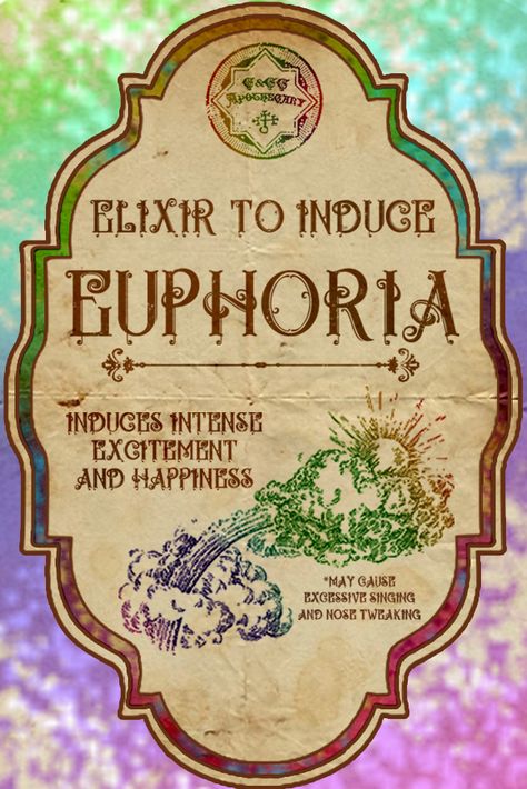 Elixir to Induce Euphoria Harry Potter Potion Labels, Paper Crafts Ideas, Halloween Apothecary Labels, Cumpleaños Harry Potter, Halloween Potion Bottles, Halloween Apothecary, Harry Potter Potions, Apothecary Labels, Potion Labels