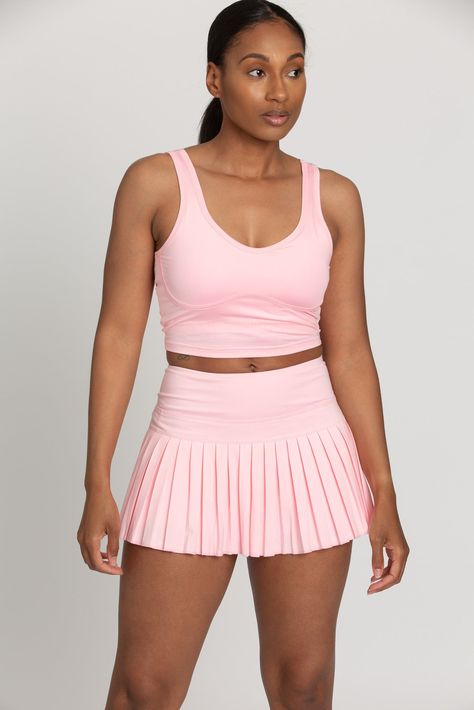 Baby Pink Pleated Tennis Skirt – Gold Hinge Pink Tennis Skirt Outfit, Gold Hinge Skirt, Tennis Skirt Outfit, Long Leather Coat, Pleated Tennis Skirt, Sports Bra Top, Crop Bra, Tennis Skirts, Crop Top Bra