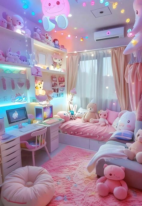 Kuromi Room Decor, Olive Bedroom, Dream Bedroom Inspiration, Kawaii Bedroom, Pink Room Decor, Kids Bedroom Inspiration, Cute Bedroom Ideas, Pastel Room, Cute Bedroom Decor