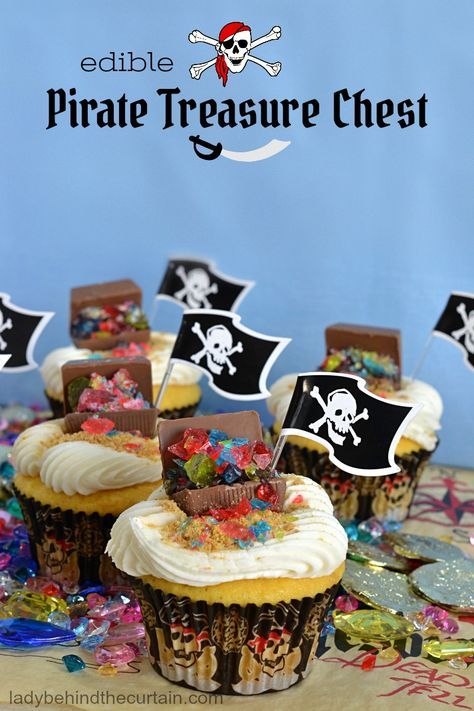 Edible Pirate Treasure Chest | Make your own candy treasure chest complete with edible jewels to serve as the cutest cupcake topper at your next pirate themed birthday party! Celebrate the new Pirates of the Caribbean movie in style! Make Your Own Candy, Pirate Halloween Party, Pirate Cupcake, Pirate Themed Birthday Party, Pirate Themed Birthday, Pirate Treasure Chest, Kid Cupcakes, Pirate Cake, Pirate Theme Party