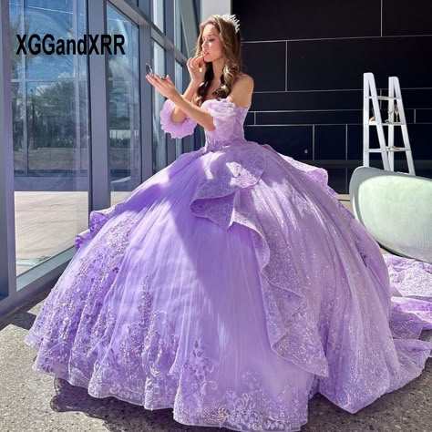 Purple Mexican Vestidos De 15 Quinceañera 3D Flower Sweetheart Layers Applique Ball Gown Sweet 15 16 Lavender Quinceanera Dresses, Purple Quinceanera Dresses, Tulle Applique, Pretty Quinceanera Dresses, Flora Dress, Quince Dress, Wedding Dresses With Flowers, Dress Comfortable, Wedding Flower Girl Dresses