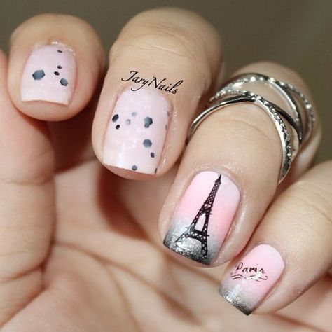 Paris themed nails Paris Nail Art, French Manicure Nail Designs, Pretty Nails Glitter, Paris Nails, French Manicure Nails, Cute Nail Art Designs, Pretty Nail Designs, Really Cute Nails, Pretty Nail Art