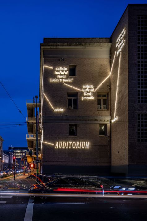 Neon mural coming to San Francisco Civic Center - Curbed SF Neon Signage, Neon Art Installation, Wayfinding Signage Design, Urban Lighting, Window Display Design, Facade Lighting, Design Management, Projection Mapping, Installation Design