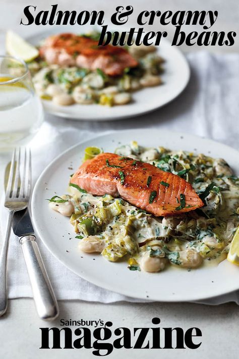 Pan-fry salmon fillets and serve on a bed of creamy leeks and butter beans for a tasty midweek meal at only 557 calories Creamy Leeks, Butter Beans Recipe, Leek Recipes, Pan Fried Salmon, Fried Salmon, Midweek Meals, Beans Recipe, Butter Beans, Fish Dishes