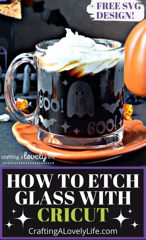 Today I am going to show you how to etch glass using your Cricut! This etched Halloween mug was so much fun to make and surprisingly easy! HALLOWEEN CRICUT PROJECT, HOW TO ETCH GLASS, ETCH GLASS CRICUT TUTORIAL, CRICUT, CRICUT MADE, DESIGN SPACE, DIY, CRICUT MAKER, CRICUT EXPLORE, CRICUT TUTORIALS, DIY TUTORIAL, EASY DIY, CRAFT IDEAS, EASY CRICUT PROJECTS, CRICUT FOR BEGINNERS, CRICUT HALLOWEEN PROJECTS, CRICUT STENCIL TUTORIAL Etched Mug Ideas, Coffee Cup Glass Etching, How To Make Glass Can Cups, Cricut Glass Cups Ideas, Cricut Etched Glass Projects, Etch Glass With Cricut, Cricut Glass Etching, Etched Glass Ideas, Glass Etching Ideas